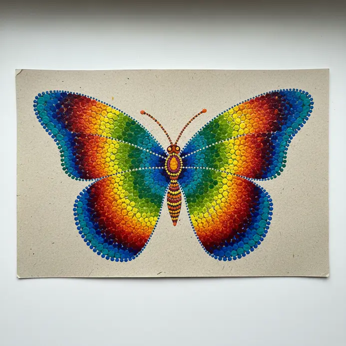 A large painted butterfly featuring interior wings densely packed with neon pink and bright orange concentric dot groupings.