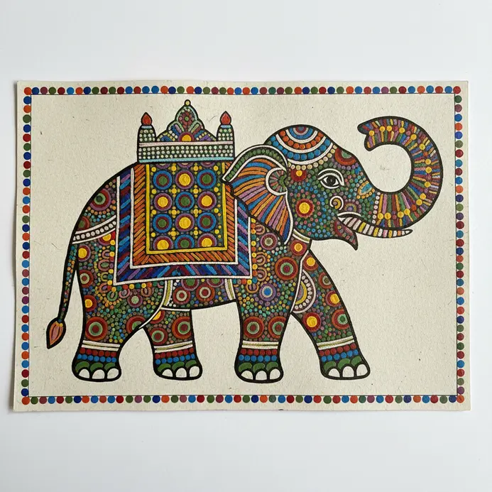 An elephant silhouette defined entirely by contrasting bands of multi-colored dots grouped heavily around the legs and back.