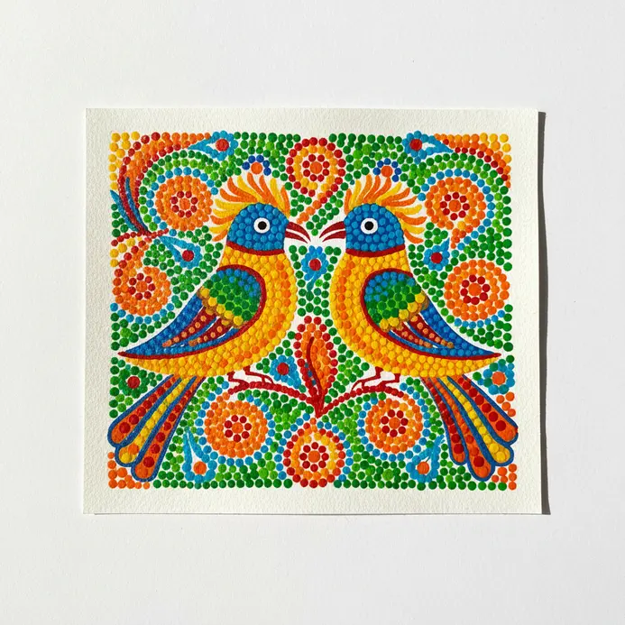 Two symmetrical small birds perched facing each other painted entirely using varying sizes of bright red and yellow dots.