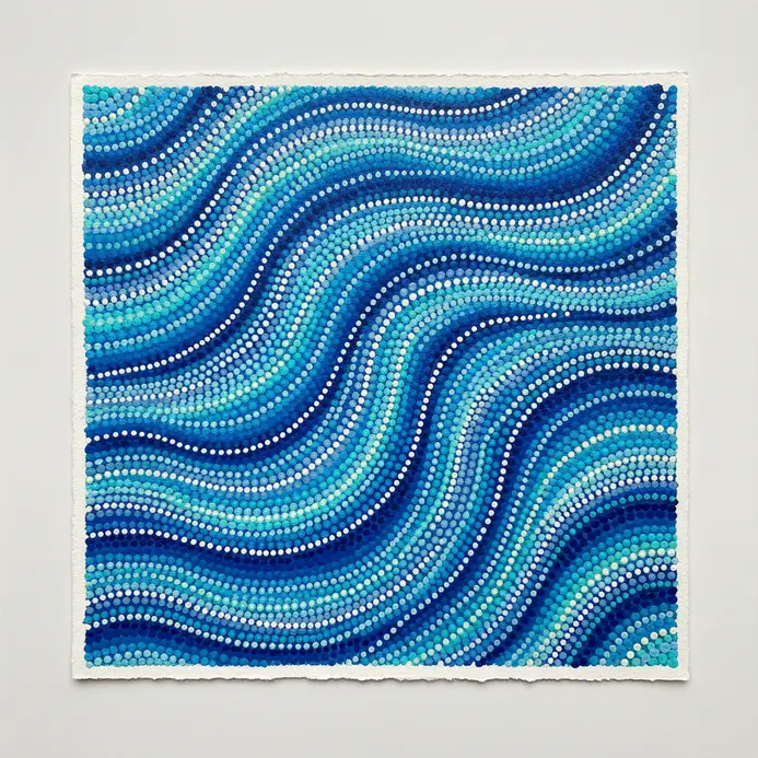 A horizontal stream of water depicted by undulating parallel wavy lines formed by tightly packed blue and white spots.