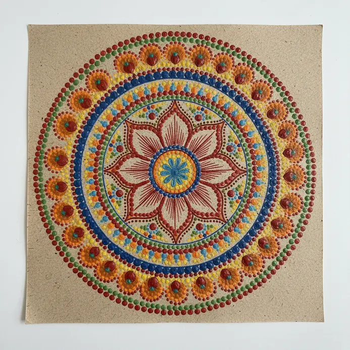 A circular mandala bursting from a central point filled concentrically with changing colors of acrylic dot stippling details.