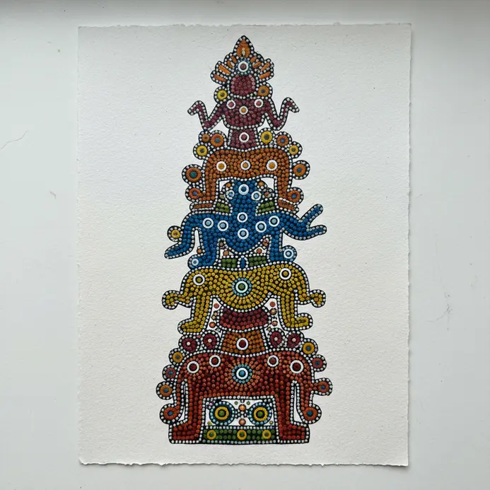 A tall vertical column featuring three stacked geometric animal heads completely colored in using dense rhythmic dotted patterns.