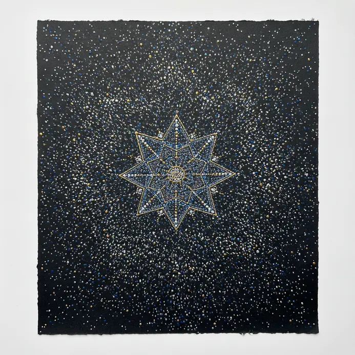A dark canvas completely covered by thousands of tiny complex white dots suggesting an enormous starry night sky.
