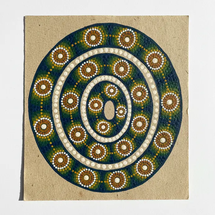 A long winding serpent form depicted entirely using a single continuous thick winding trail of green and yellow dots.