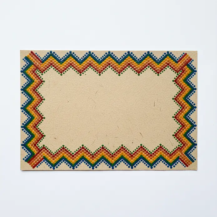 A tight geometric zigzag border built from layered red and white paint dots framing a solid black canvas space.