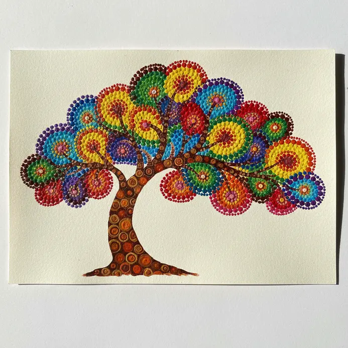 A painted curved tree trunk filled completely with multicolored acrylic dots showing pink, yellow, and white segments.
