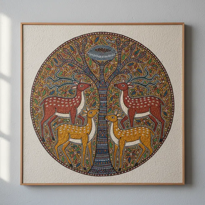 A simple swimming fish silhouette defined by dense blue and silver dotted patterns layered over a terra cotta surface.