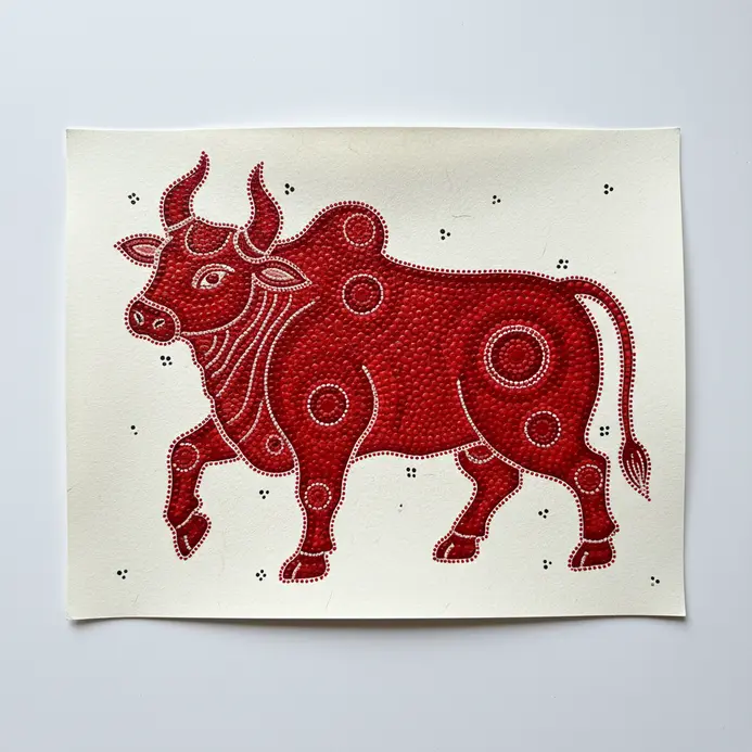 A bold bull figure outlined and filled with thick red paint dots contrasting strongly against a dark olive background.