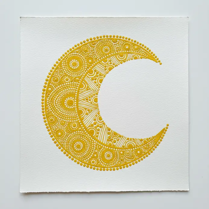 A thick crescent moon shape packed tightly with glowing yellow and pale white acrylic stippling dots.