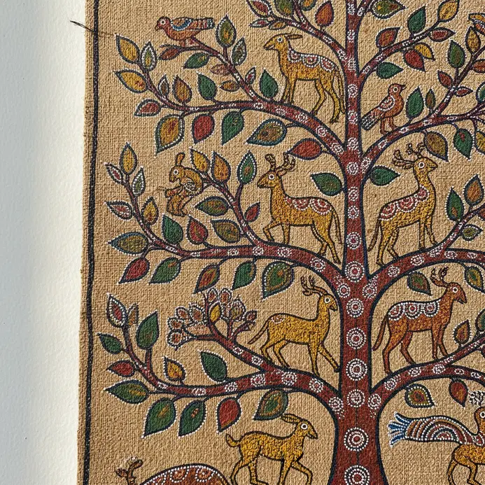 A walking tiger silhouette constructed entirely of orange paint dots separated by thick black unpainted striped gaps.