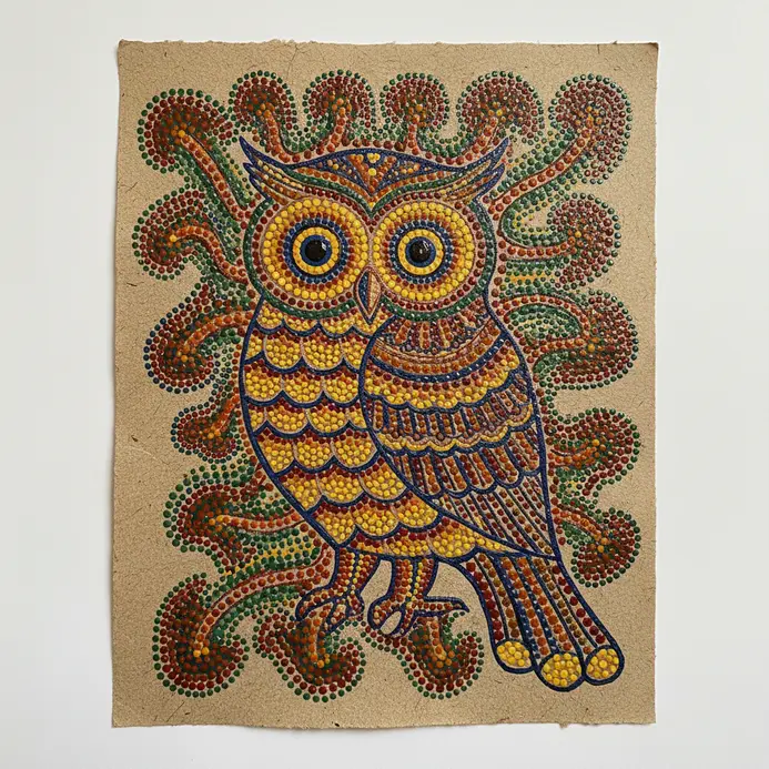 A stylized owl figure featuring large concentric dotted circles for eyes surrounded by highly dense overlapping spots.