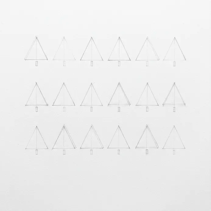 A pencil sketch on white paper showing several lightly drawn triangle pine trees in clean rows.