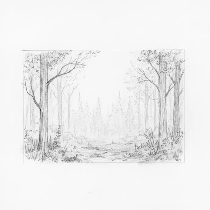A pencil sketch showing a hollow oak trunk, foreground plants, and a foggy tree line fading in the distance.