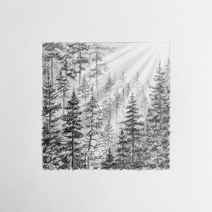 A pencil sketch on white paper showing pine trees, a foggy tree line, and sunbeams cutting through the canopy.
