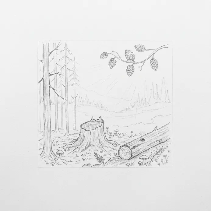 A pencil sketch showing sunbeams, layered trees, and a pinecone branch above the forest floor.