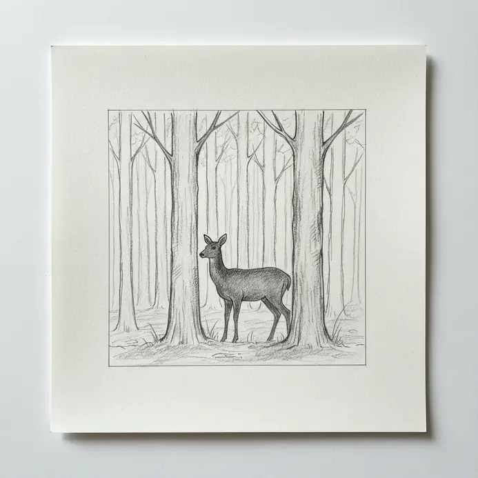 A pencil sketch on white paper showing a deer silhouette between tree trunks with forest layers behind it.