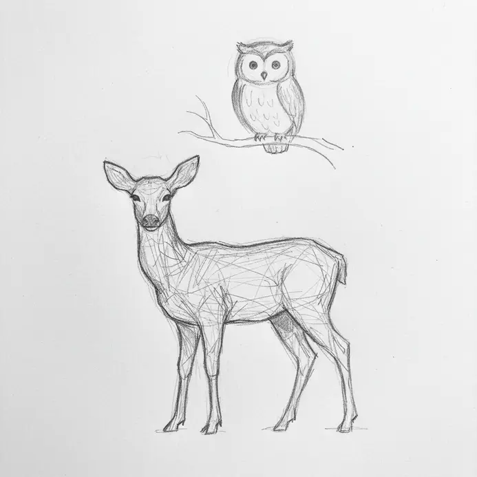 A pencil sketch showing a deer between trees and an owl perched on a branch above the forest scene.