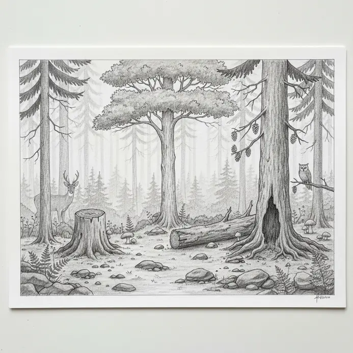 A pencil sketch on white paper showing the full forest scene with rocks, deer, owl, trees, and final shading.
