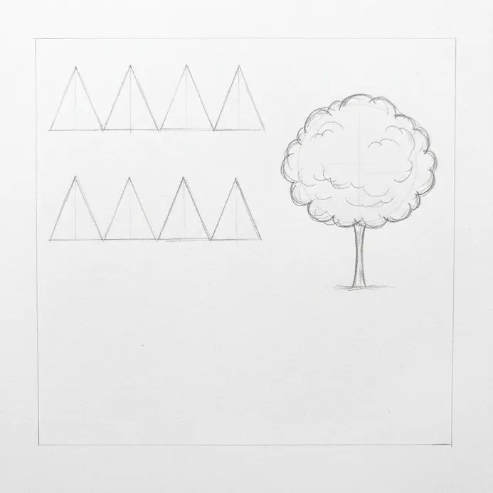 A pencil sketch showing a rounded canopy tree with a simple trunk beside the earlier pine outlines.