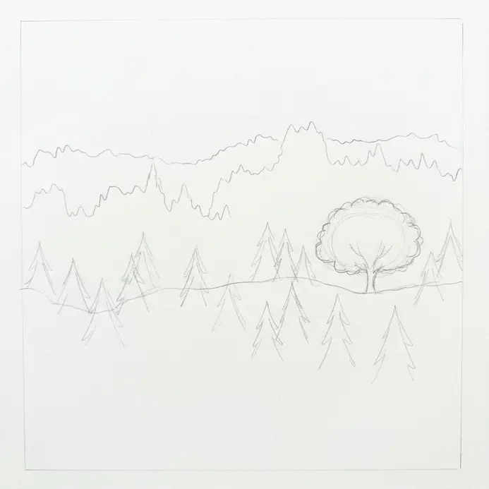 A pencil sketch on white paper showing pine trees and a layered forest silhouette behind them.