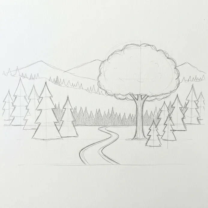 A pencil sketch showing pine trees, a layered background, and a winding woodland path through the center.