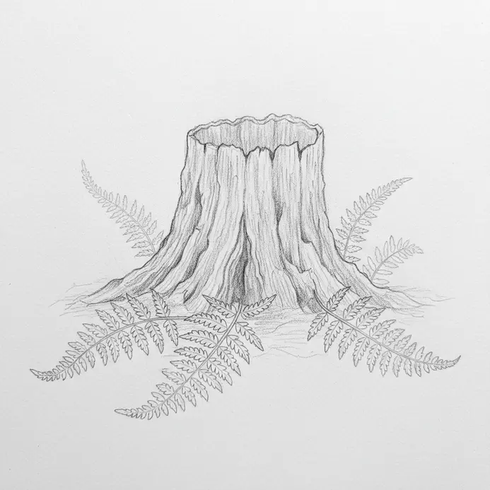 A pencil sketch showing a mossy stump, path, trees, and fern fronds clustered along the forest floor.