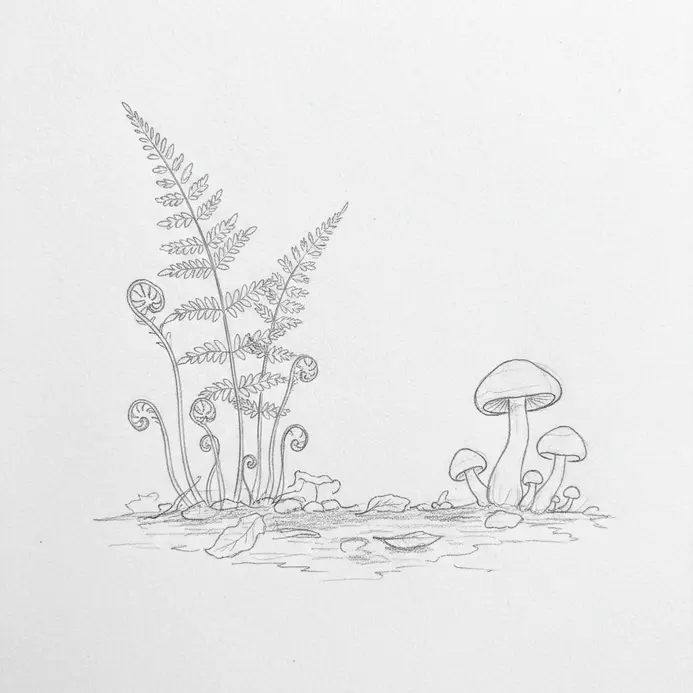 A pencil sketch on white paper showing fern fronds, a stump, and a mushroom patch along the ground line.