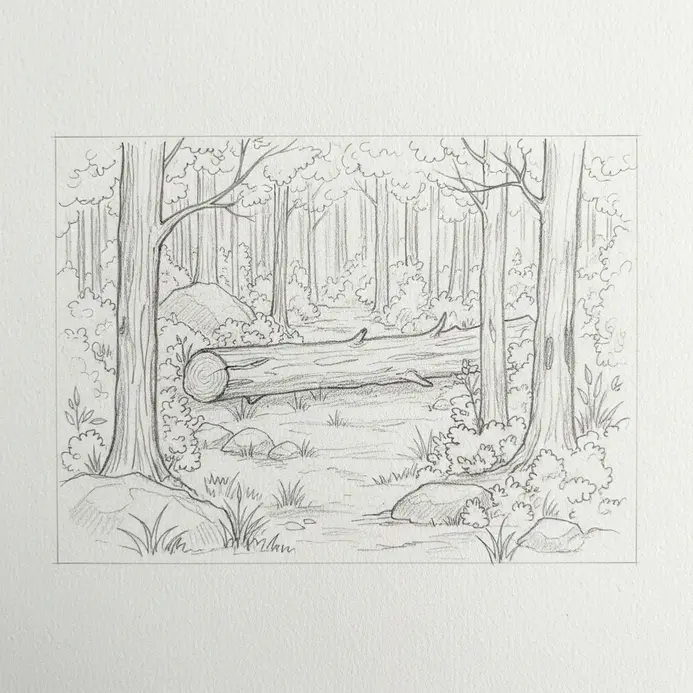 A pencil sketch showing a mushroom patch, fern fronds, and a fallen log stretching across the forest floor.