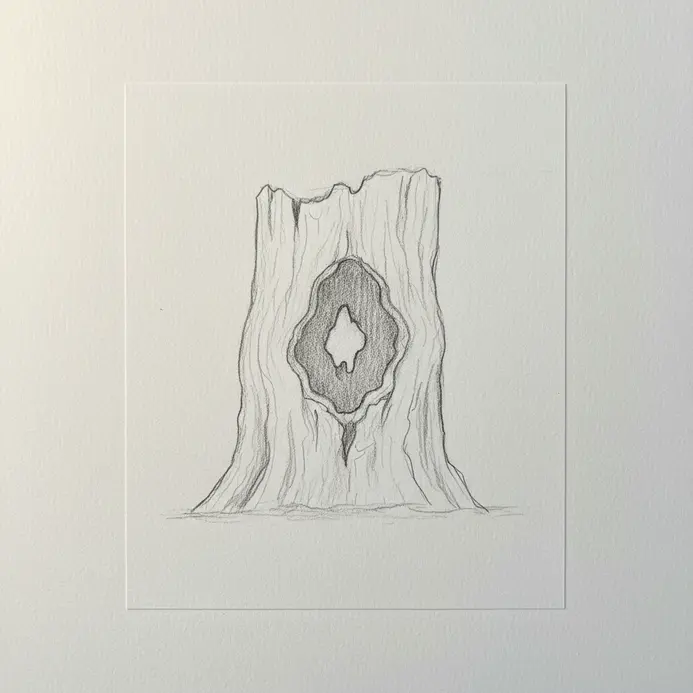 A pencil sketch on white paper showing a hollow oak trunk near the fallen log and surrounding trees.