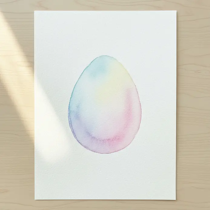A lightly sketched egg filled with blended pastel washes on white watercolor paper.