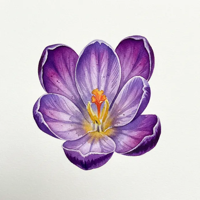 A single purple crocus flower with a tapered stem and open petals in watercolor.