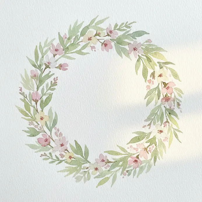 A light circular wreath sketch filled with small leaves and spring blossoms.