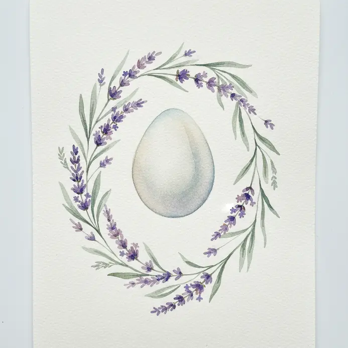 An egg form decorated with a loose lavender garland and small leaf accents.