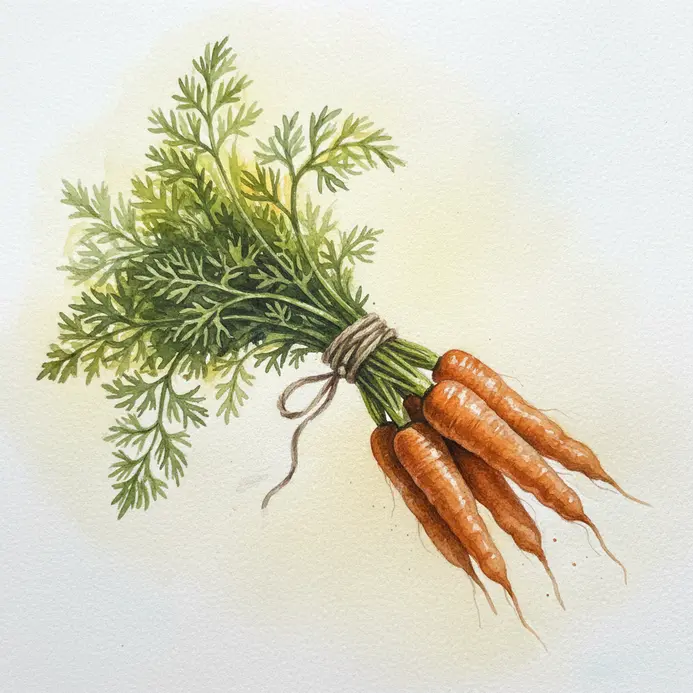 A tied bundle of carrots with leafy tops painted in soft orange and green washes.