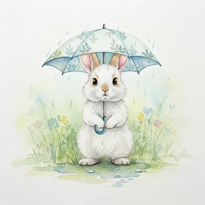 A bunny standing beneath a small umbrella with light rain strokes around it.