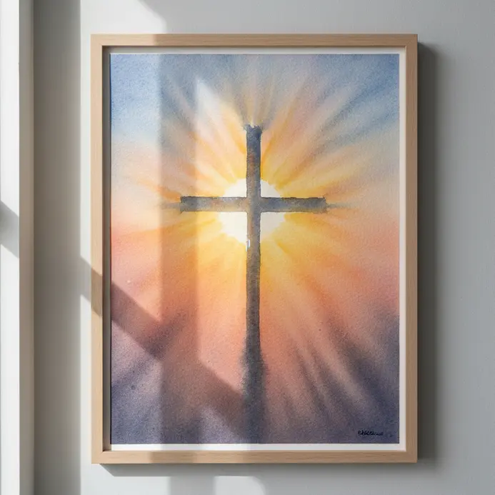 A window cross shape with sunrise color washes spreading across the panes.