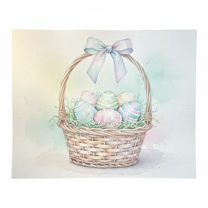 A pastel basket with a few eggs and loose handles sketched in watercolor.
