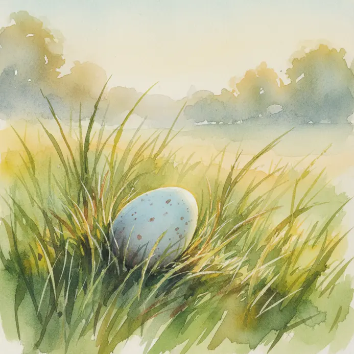 An egg sitting in a loose grass meadow with soft blades and open background space.