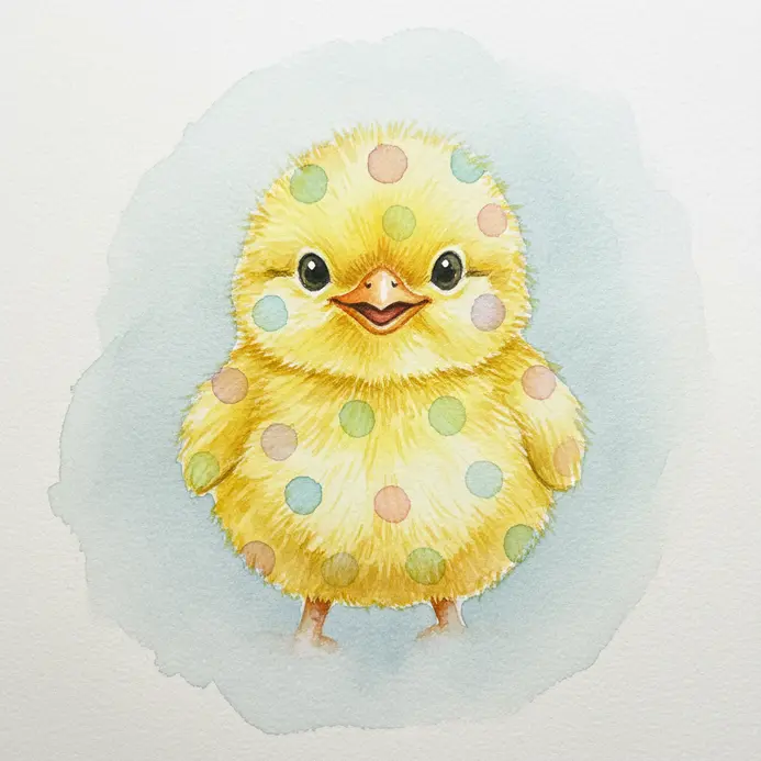 A round chick painted with small polka dots and tiny facial details in watercolor.