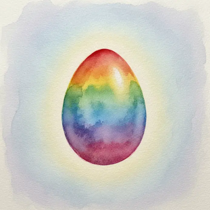 A glossy egg shape filled with rainbow watercolor bands and a soft glowing edge.
