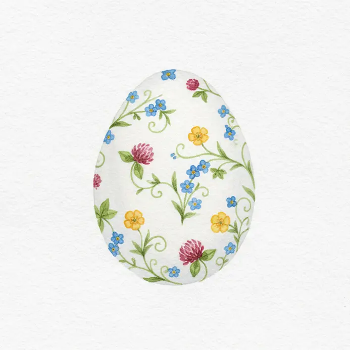 An egg sketch decorated with tiny leaves and simple flower shapes in watercolor.
