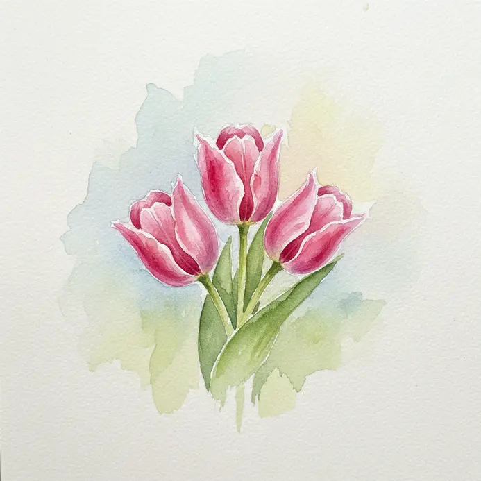 Three pink tulip blooms with simple stems and leaves arranged in a loose cluster.