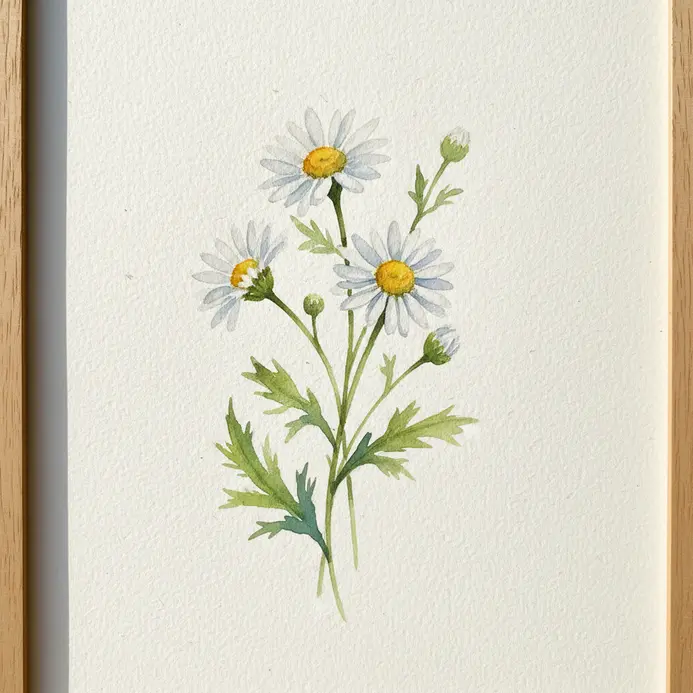 A delicate daisy sprig with small white petals and green stems painted on paper.