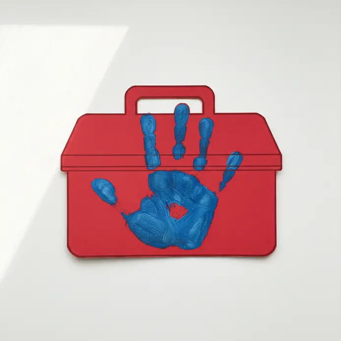 A red cardstock toolbox shape featuring a blue child handprint on the front surface.