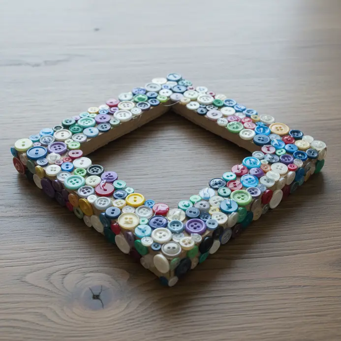 A wooden picture frame border densely covered in mismatched colorful plastic buttons.