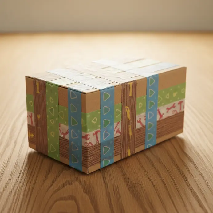 A small cardboard box covered in overlapping strips of geometrically patterned washi tape.