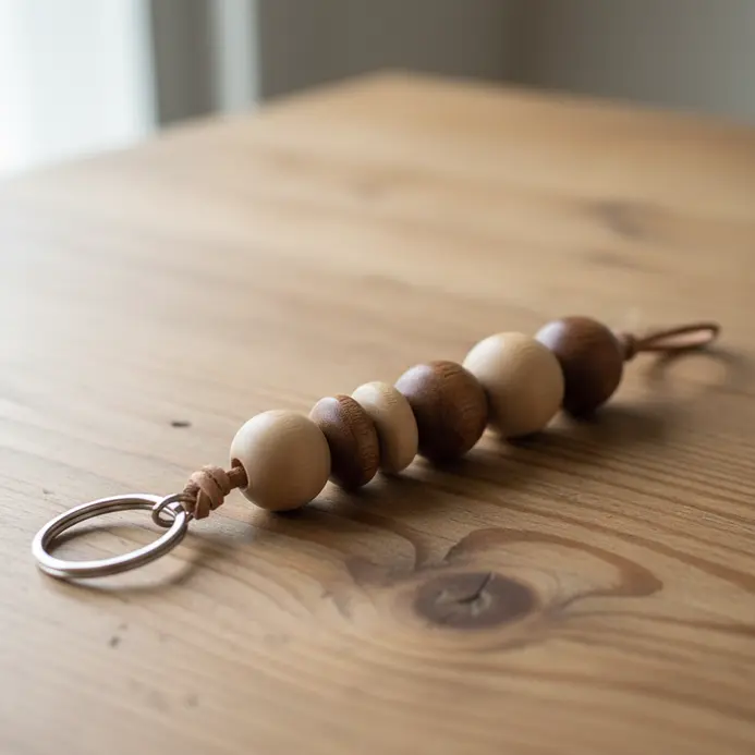 A simple keyring adorned with wooden beads strung tightly onto a thick leather cord.