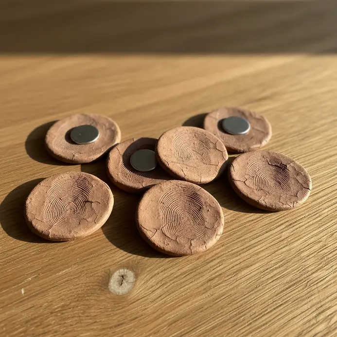 Three circular baked clay pieces with prominent thumbprints hot-glued to small magnets.