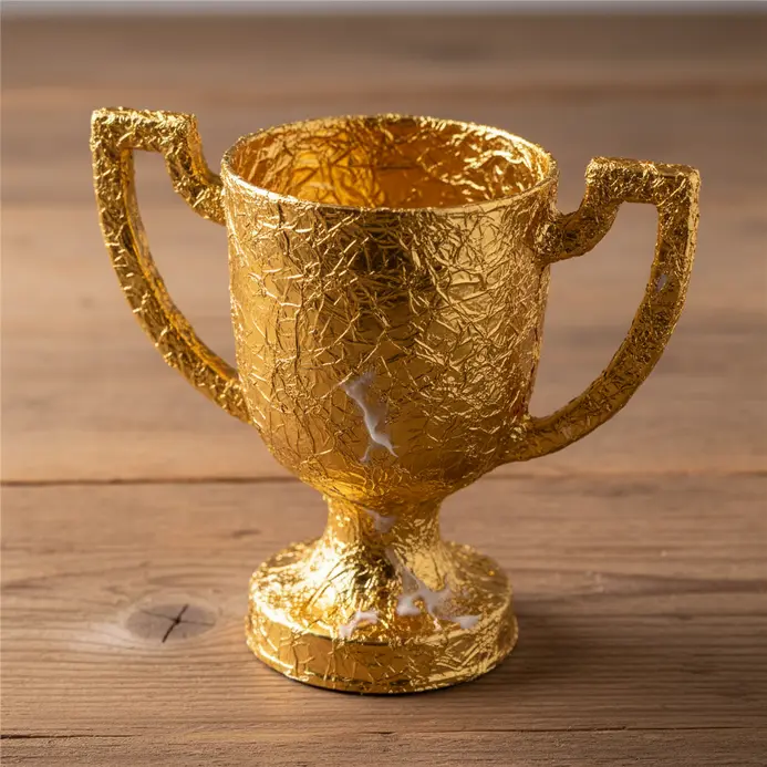 A shiny plastic trophy structure coated in gold foil positioned against a white background.