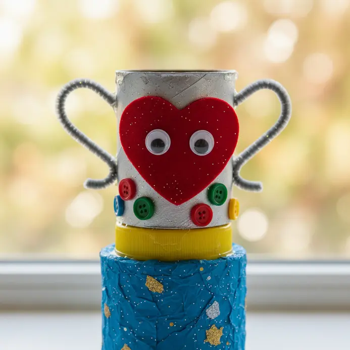 A folding square paper box structured like a collared shirt in bright blue paper.